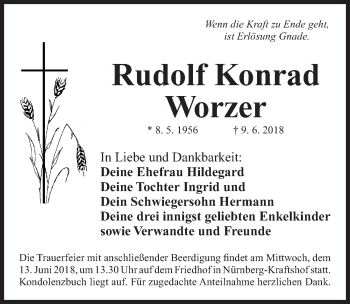 Traueranzeige von Rudolf Konrad Worzer von Gesamtausgabe Nürnberger Nachrichten/ Nürnberger Ztg.