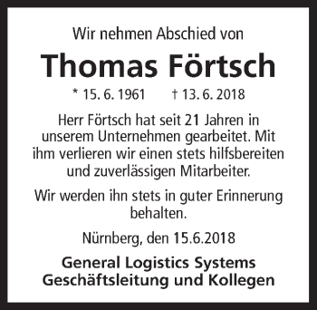 Traueranzeige von Thomas Förtsch von Gesamtausgabe Nürnberger Nachrichten/ Nürnberger Ztg.