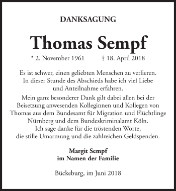 Traueranzeige von Thomas Sempf von Gesamtausgabe Nürnberger Nachrichten/ Nürnberger Ztg.