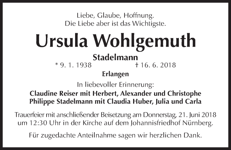  Traueranzeige für Ursula Wohlgemuth vom 20.06.2018 aus Gesamtausgabe Nürnberger Nachrichten/ Nürnberger Ztg.
