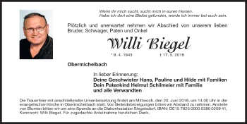 Traueranzeige von Willi Biegel von Fürther Nachrichten Lokal