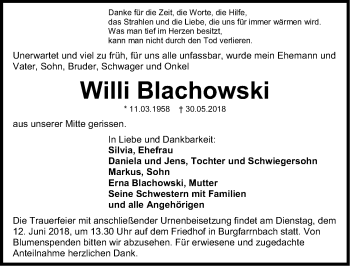 Traueranzeige von Willi Blachowski von Gesamtausgabe Nürnberger Nachrichten/ Nürnberger Ztg./ Fürther Nachrichten