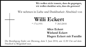 Traueranzeige von Willi Eckert von Gesamtausgabe Nürnberger Nachrichten/ Nürnberger Ztg.