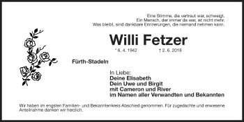 Traueranzeige von Willi Fetzer von Fürther Nachrichten Lokal