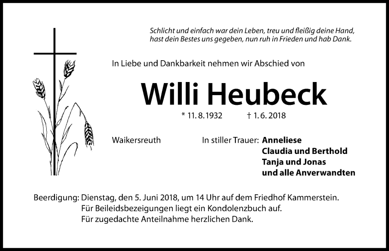  Traueranzeige für Willi Heubeck vom 04.06.2018 aus Schwabach