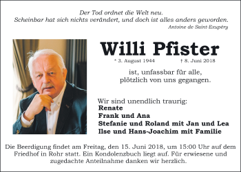 Traueranzeige von Willi Pfister von Schwabach