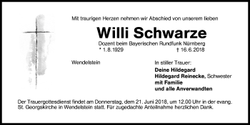 Traueranzeige von Willi Schwarze von Schwabach