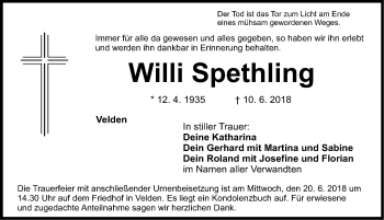 Traueranzeige von Willi Spethling von Nordbayerische Nachrichten Pegnitz Lokal