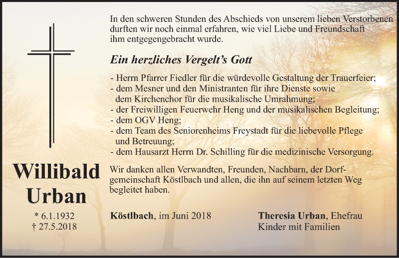  Traueranzeige für Willibald Urban vom 16.06.2018 aus Neumarkter Nachrichten Lokal
