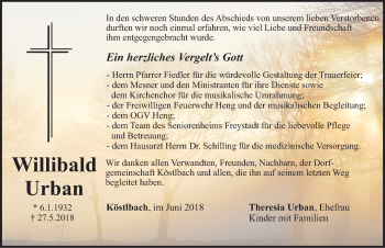 Traueranzeige von Willibald Urban von Neumarkter Nachrichten Lokal