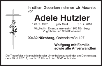 Traueranzeige von Adele Hutzler von Gesamtausgabe Nürnberger Nachrichten/ Nürnberger Ztg.