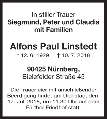 Traueranzeige von Alfons Paul Linstedt von Gesamtausgabe Nürnberger Nachrichten/ Nürnberger Ztg.