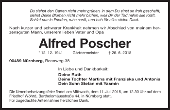 Traueranzeige von Alfred Poscher von Gesamtausgabe Nürnberger Nachrichten/ Nürnberger Ztg.