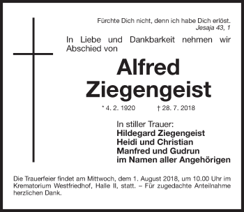 Traueranzeige von Alfred Ziegengeist von Gesamtausgabe Nürnberger Nachrichten/ Nürnberger Ztg.