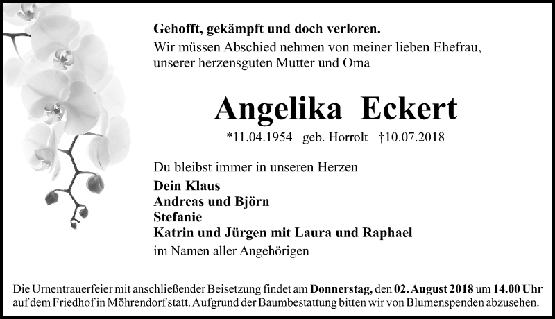  Traueranzeige für Angelika Eckert vom 28.07.2018 aus Erlanger Nachrichten Lokal