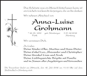 Traueranzeige von Anna-Luise Grohmann von Gesamtausgabe Nürnberger Nachrichten/ Nürnberger Ztg.