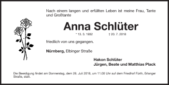 Traueranzeige von Anna Schlüter von Gesamtausgabe Nürnberger Nachrichten/ Nürnberger Ztg.