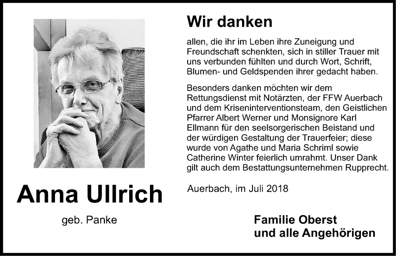  Traueranzeige für Anna Ullrich vom 28.07.2018 aus Nordbayerische Nachrichten Pegnitz Lokal