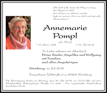 Traueranzeige von Annemarie Pompl von Gesamtausgabe Nürnberger Nachrichten/ Nürnberger Ztg.