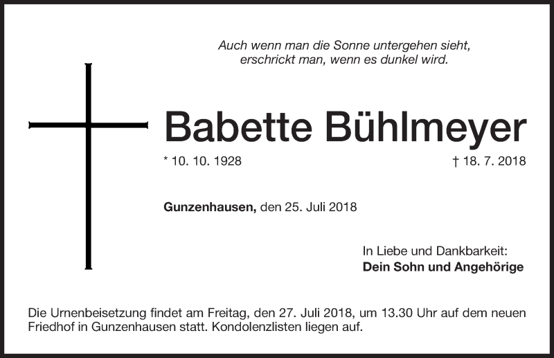  Traueranzeige für Babette Bühlmeyer vom 25.07.2018 aus Altmühl-Bote Lokal