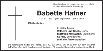 Traueranzeige von Babette Hafner von Roth-Hilpoltsteiner Volkszeitung Lokal