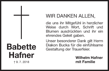 Traueranzeige von Babette Hafner von Roth-Hilpoltsteiner Volkszeitung Lokal