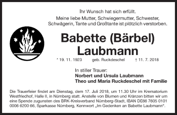 Traueranzeige von Babette Laubmann von Gesamtausgabe Nürnberger Nachrichten/ Nürnberger Ztg.