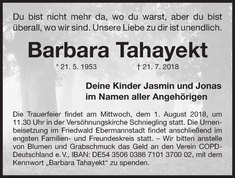  Traueranzeige für Barbara Tahayekt vom 28.07.2018 aus Gesamtausgabe Nürnberger Nachrichten/ Nürnberger Ztg.