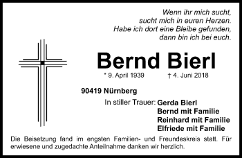 Traueranzeige von Bernd Bierl von Fürther Nachrichten Lokal