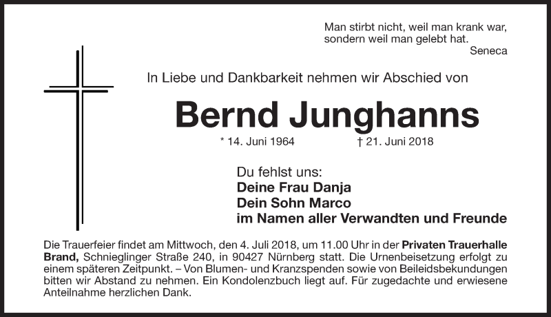  Traueranzeige für Bernd Junghanns vom 02.07.2018 aus Gesamtausgabe Nürnberger Nachrichten/ Nürnberger Ztg.