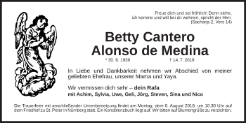 Traueranzeige von Betty Cantero Alonso de Medina  von Gesamtausgabe Nürnberger Nachrichten/ Nürnberger Ztg.