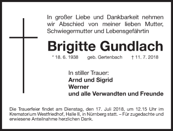 Traueranzeige von Brigitte Gundlach von Gesamtausgabe Nürnberger Nachrichten/ Nürnberger Ztg.
