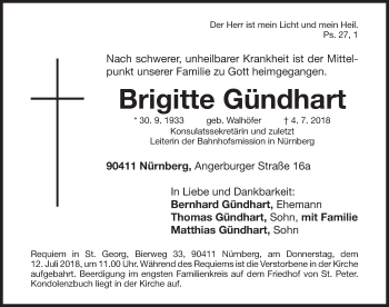 Traueranzeige von Brigitte Gündhart von Gesamtausgabe Nürnberger Nachrichten/ Nürnberger Ztg.