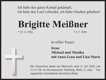 Traueranzeige von Brigitte Meißner von Gesamtausgabe Nürnberger Nachrichten/ Nürnberger Ztg.