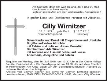 Traueranzeige von Cilly Wirnitzer von Gesamtausgabe Nürnberger Nachrichten/ Nürnberger Ztg.