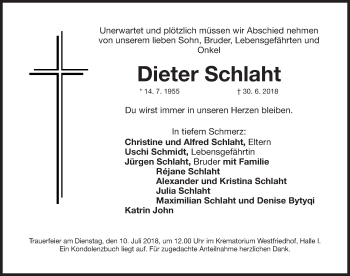 Traueranzeige von Dieter Schlaht von Gesamtausgabe Nürnberger Nachrichten/ Nürnberger Ztg.