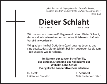 Traueranzeige von Dieter Schlaht von Gesamtausgabe Nürnberger Nachrichten/ Nürnberger Ztg.