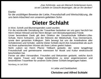 Traueranzeige von Dieter Schlaht von Gesamtausgabe Nürnberger Nachrichten/ Nürnberger Ztg.