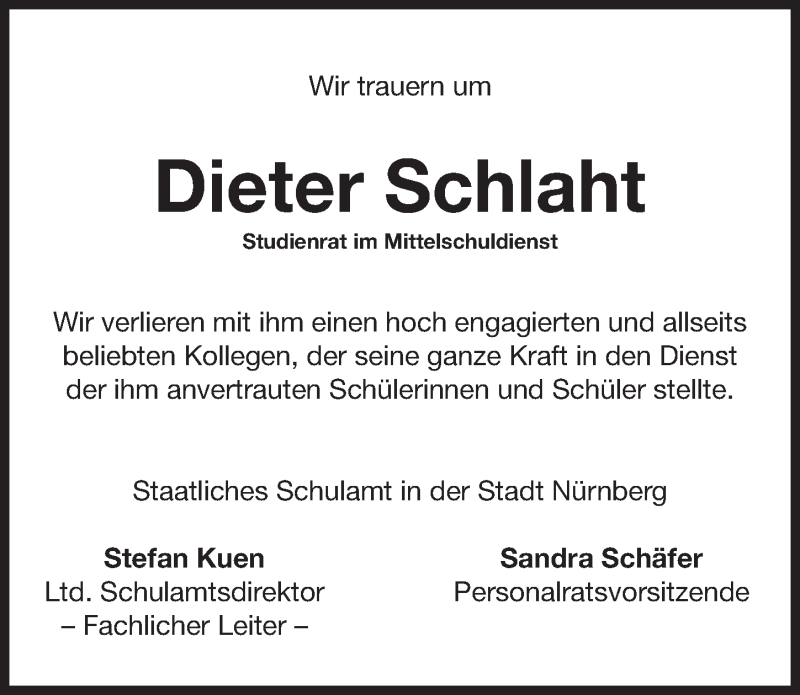  Traueranzeige für Dieter Schlaht vom 07.07.2018 aus Gesamtausgabe Nürnberger Nachrichten/ Nürnberger Ztg.