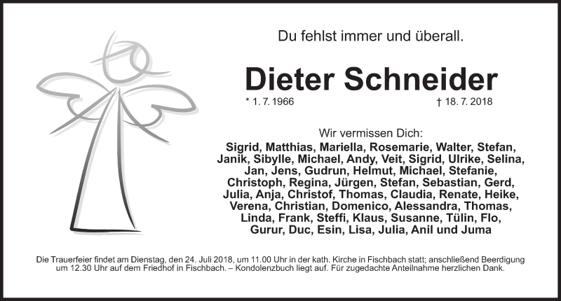  Traueranzeige für Dieter Schneider vom 21.07.2018 aus Gesamtausgabe Nürnberger Nachrichten/ Nürnberger Ztg.