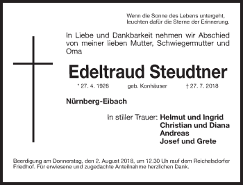 Traueranzeige von Edeltraud Steudtner von Gesamtausgabe Nürnberger Nachrichten/ Nürnberger Ztg.