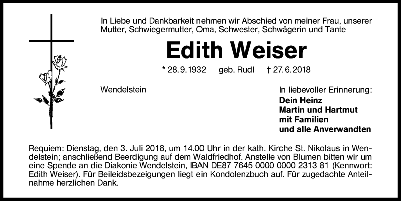  Traueranzeige für Edith Weiser vom 30.06.2018 aus Schwabach