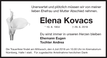 Traueranzeige von Elena Kovacs von Gesamtausgabe Nürnberger Nachrichten/ Nürnberger Ztg.