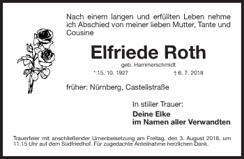 Traueranzeige von Elfriede Roth von Gesamtausgabe Nürnberger Nachrichten/ Nürnberger Ztg.