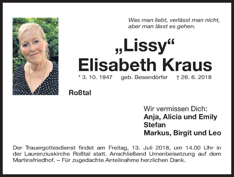 Traueranzeigen Von Elisabeth Kraus | Trauer.nn.de