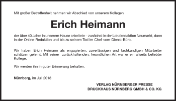 Traueranzeige von Erich Heimann von Gesamtausgabe Nürnberger Nachrichten/ Nürnberger Ztg.