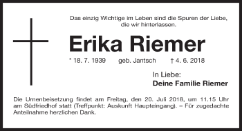 Traueranzeige von Erika Riemer von Gesamtausgabe Nürnberger Nachrichten/ Nürnberger Ztg.