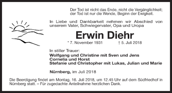 Traueranzeige von Erwin Diehr von Gesamtausgabe Nürnberger Nachrichten/ Nürnberger Ztg.