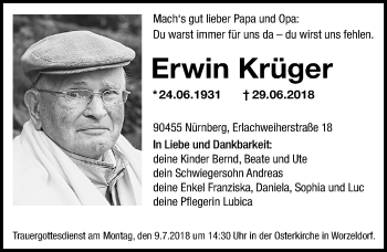Traueranzeige von Erwin Krüger von Gesamtausgabe Nürnberger Nachrichten/ Nürnberger Ztg.