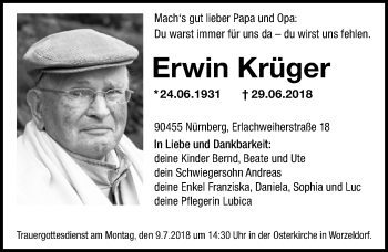 Traueranzeige von Erwin Krüger von Schwabach